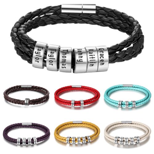 gevlochten leren armband met 1 tot 6 naam graveringen